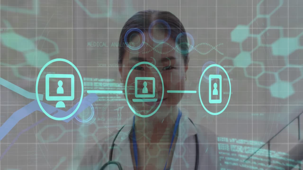 Animation of medical data processing over asian female doctor