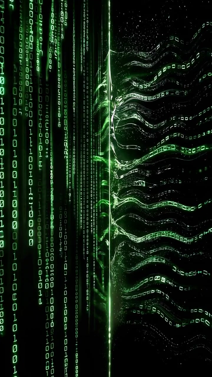 Vertical columns of luminous code shift beside flowing wave-like symbol trails, while fine green particles and a bright central seam create layered motion across a black field.