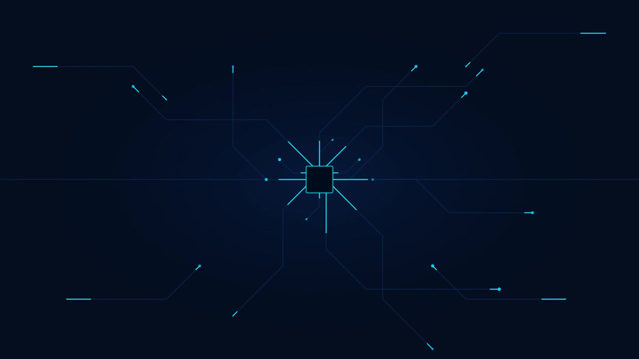 Digital Circuit Board Animation with Glowing Data Lines
