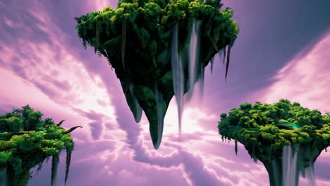 floating islands with waterfalls in a purple sky