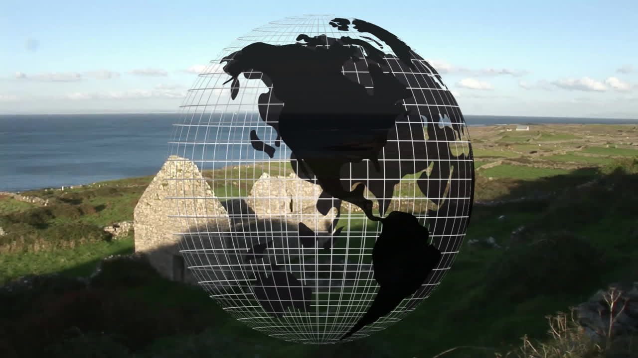 Rotating globe grid animation over coastal landscape with ancient ruins
