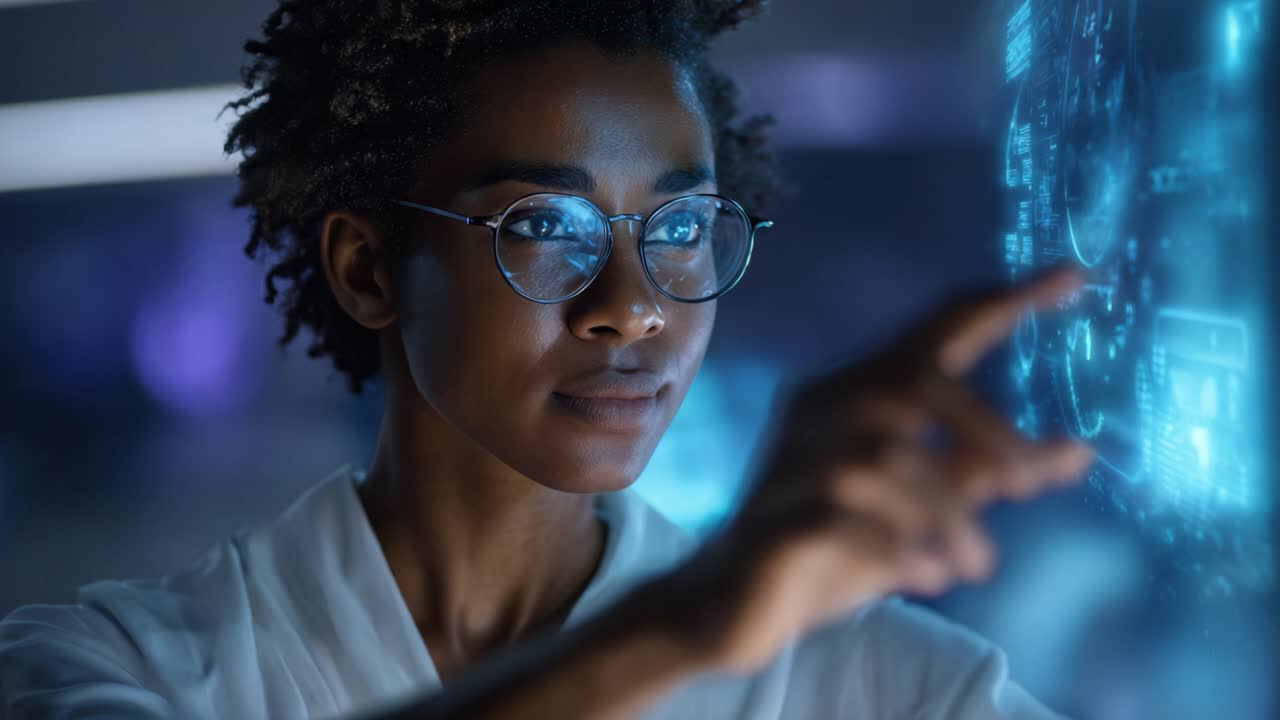 En fokuseret person interagerer med holografisk teknologi, hvilket viser en engagerende grænseflade, der blander menneskelig intellekt med futuristiske digitale skærme og dataanalyse.