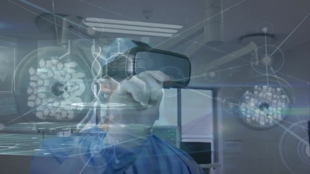 연결 네트워크의 애니메이션 및 데이터 처리 카우카시안 남성 의사 vr 헤드을 사용하여