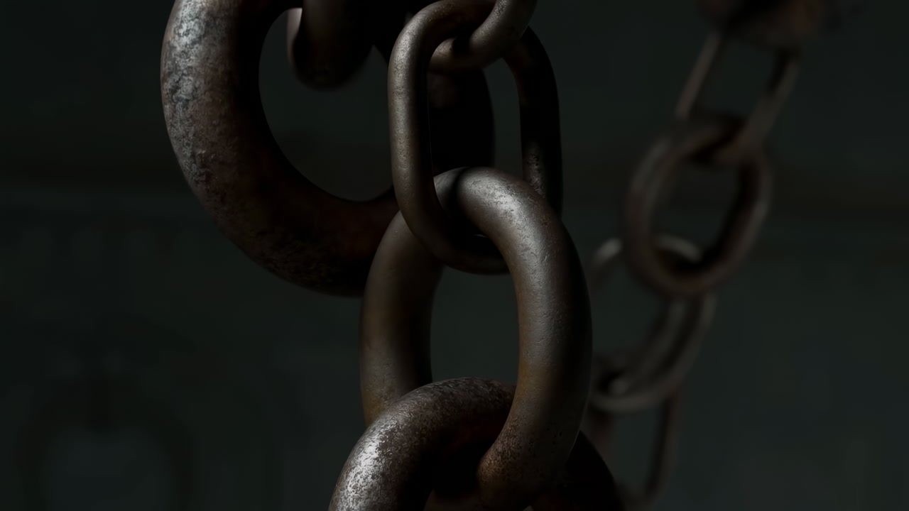 Closeup Rusted Metal Chains Hanging, Pitted Corroded Links With Heavy Patina, Lowkey Lighting And Shallow
