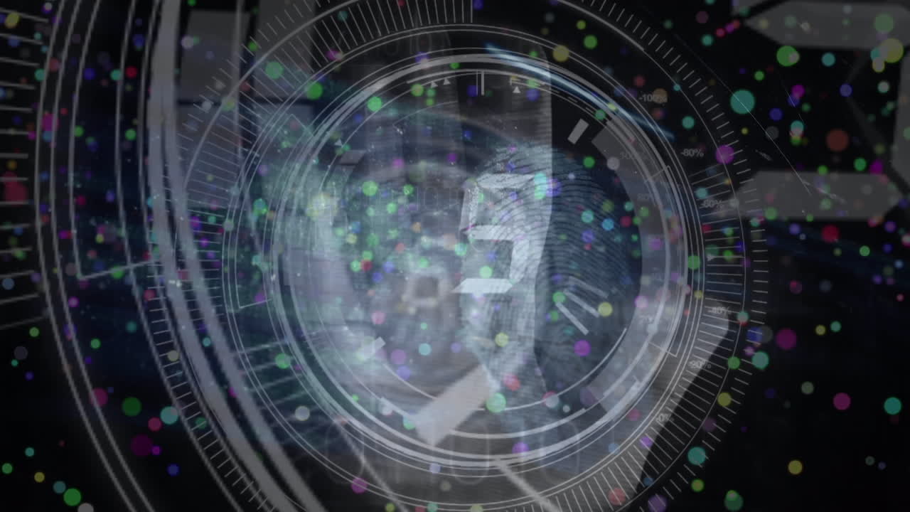 Animazione di elementi di conteggio, avviso, sicurezza e impronte digitali in movimento in uno spazio nero con puntini