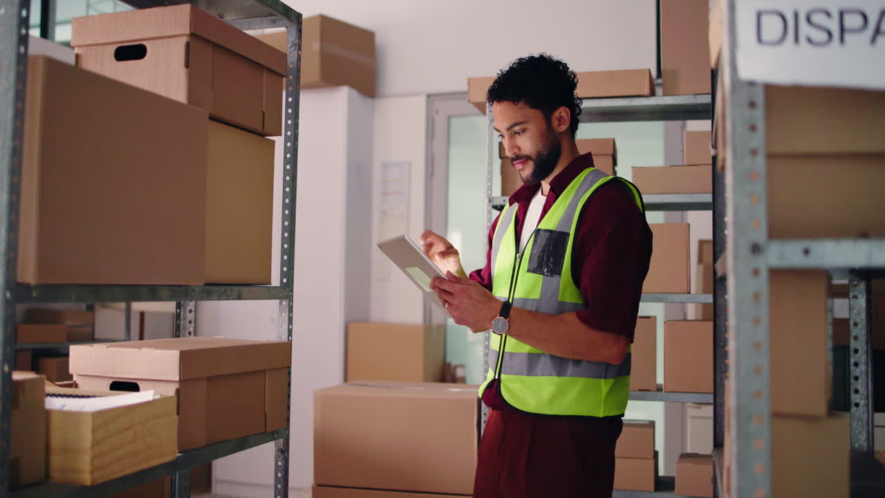 Warehouse Worker Using Digital Tablet to Manage Inventory