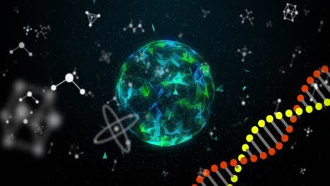 el adn y la estructura molecular se mueven sobre el globo de la red del plexo contra un fondo negro