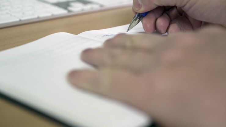Writing in a notebook or journal male hand desk top