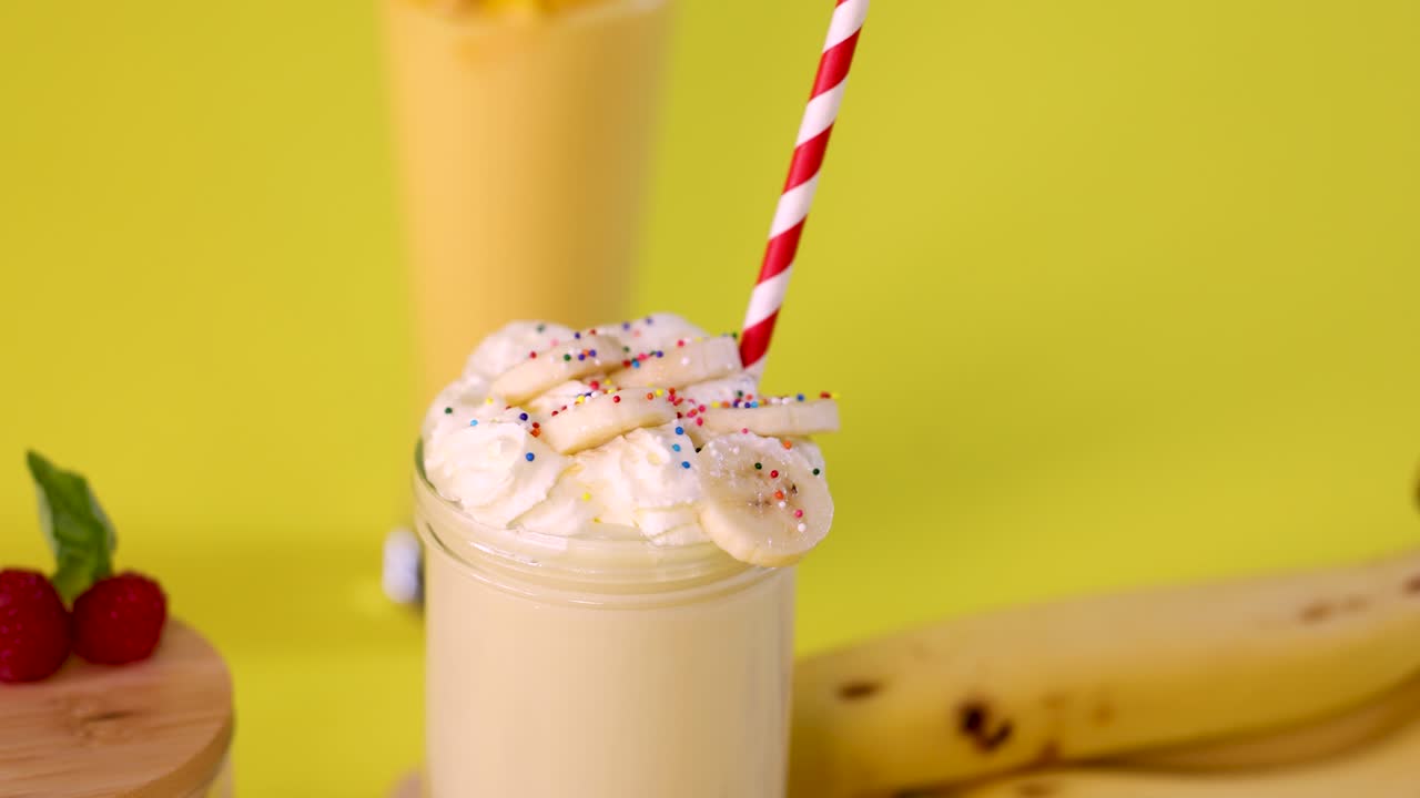 Hand decorates banana milkshake with cocktail umbrella, whipped cream, and sprinkles on yellow background