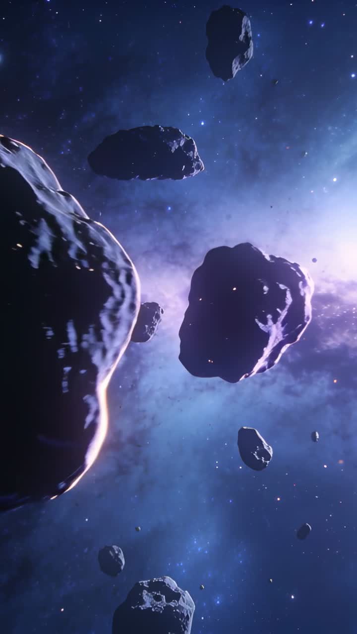 Telecamera che si muove in avanti attraverso un ammasso di asteroidi, rivelando rocce illuminate ai bordi e una nebulosa per la scienza.