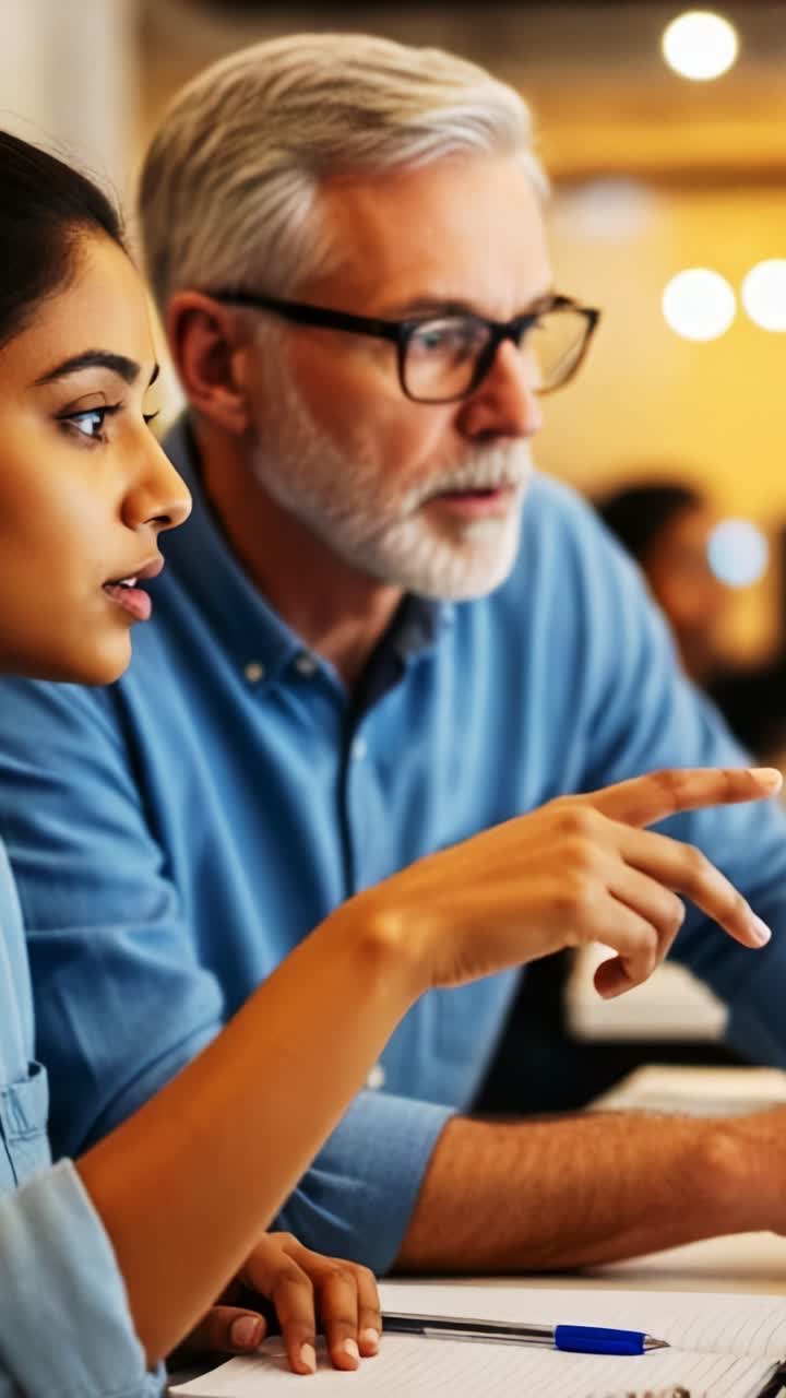 Engaging in Collaborative Discussion: A Young Woman and Older Man Focused on a Shared Task, Highlighting the Dynamics of Mentorship and Learning