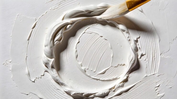 Touching gold ferrule brush starting pull, brush pulling white paint, forming round ring on table
