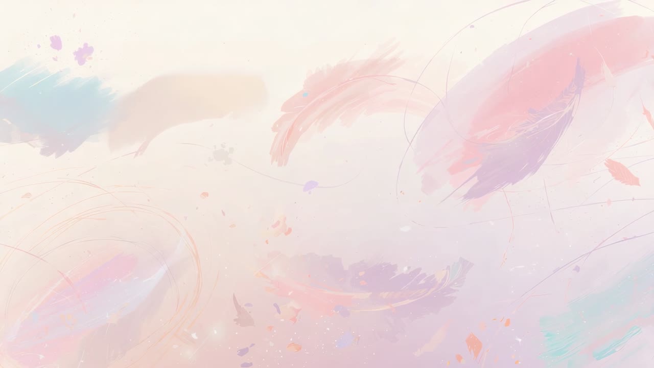 Drifting into view pastel feather-like shapes floating across pale canvas, revealing subtle strokes