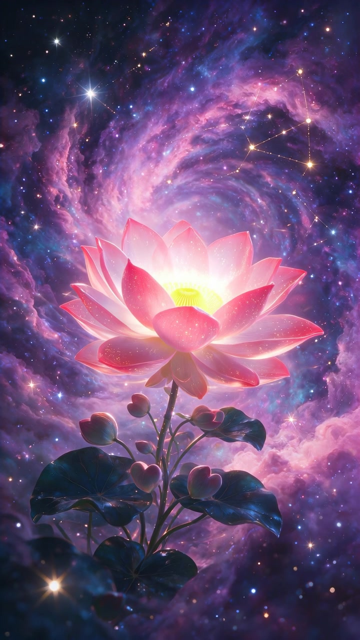 Vista ravvicinata di un fiore di loto che si apre da un bocciolo stretto a piena fioritura, con una luce centrale calda e brillante che retroillumina i petali traslucidi, un morbido vortice cosmico viola, un sottile luccichio e un'atmosfera fantasy serena.