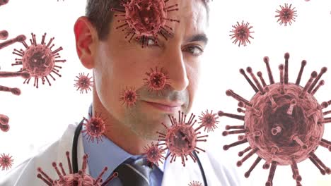 Animation-of-virus-cells-over-smiling-mixed-race-male-doctor