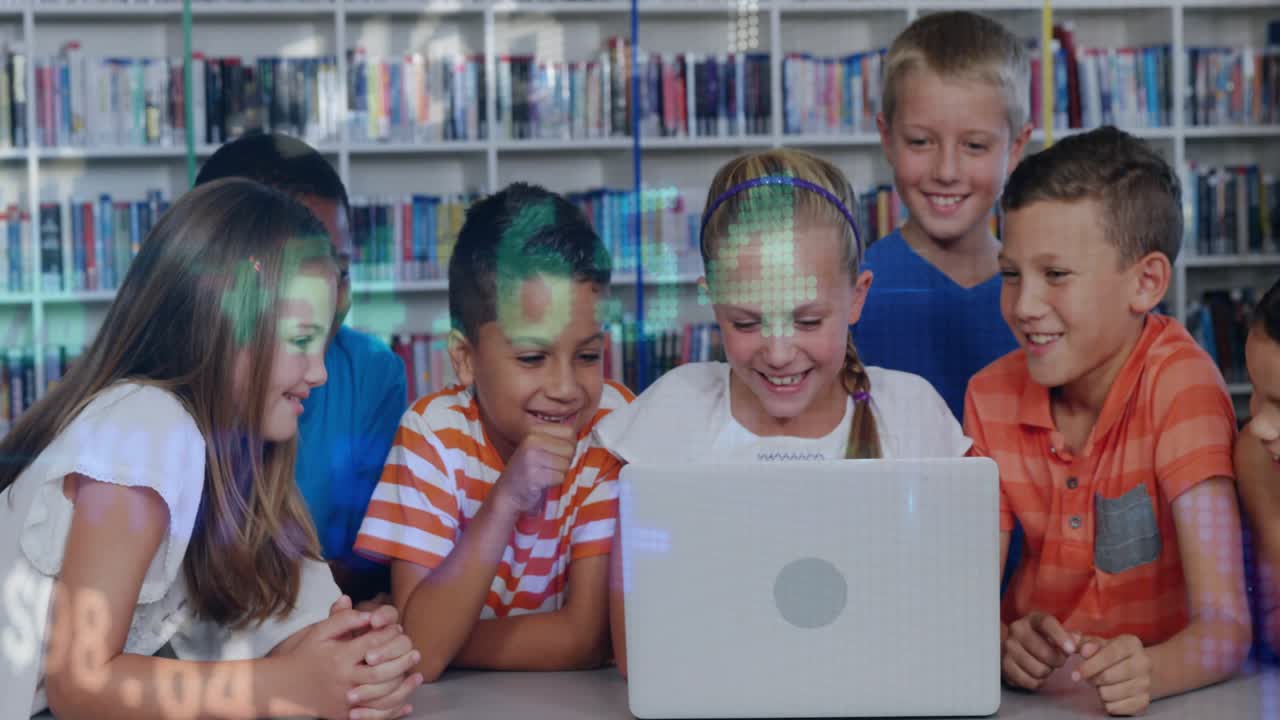 Kids leaning around laptop smiling, girl pressing keys and overlaying data graphics for learning