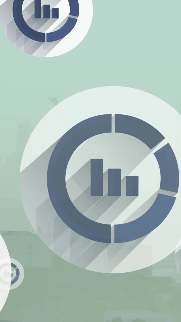 Animation of multiple bar graph icons floating against aerial view of cityscape