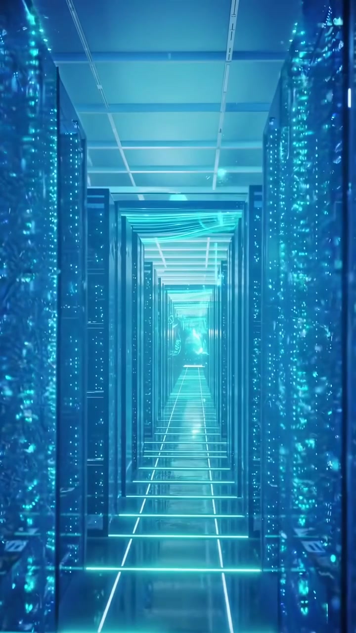 Futuristic Data Center Corridor with Glowing Blue Server Racks