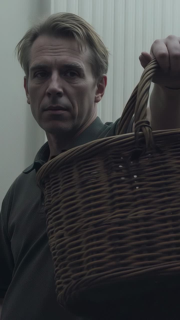 Vertical video: Holding man gripping handle, putting down basket against slatted wall, green polo