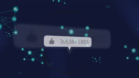 animación de iconos similares con un número creciente y red de iconos digitales contra un fondo azul.