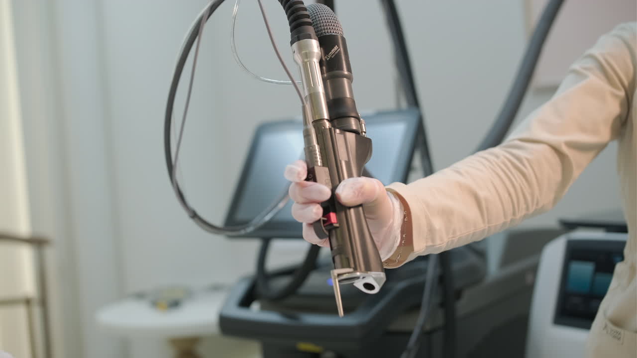 Behandschuhte Hand hält Lasergerät in einer medizinischen Klinik