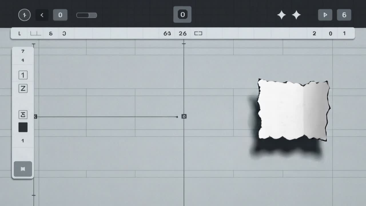 Dragging on-screen transform controls moving torn paper pieces across grid canvas for layout
