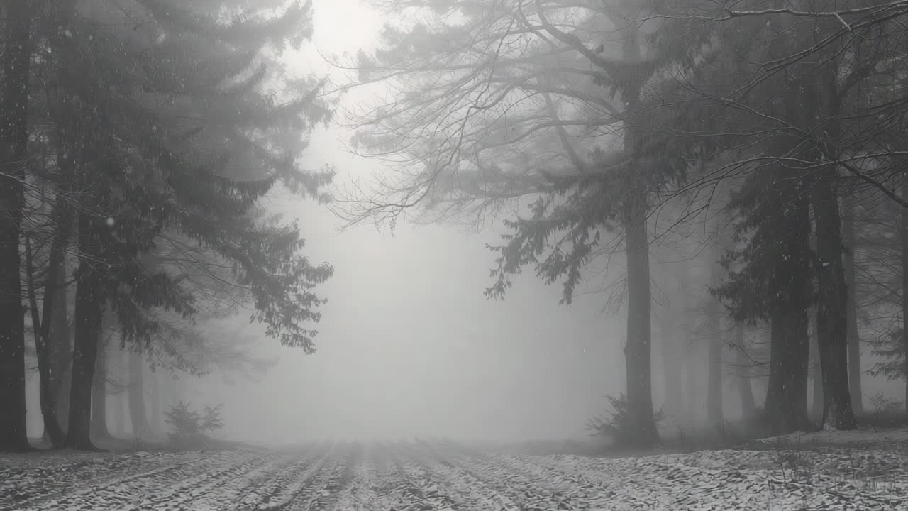 Drifting fog bank moving under light breeze across clearing framed by tall trees, with frost