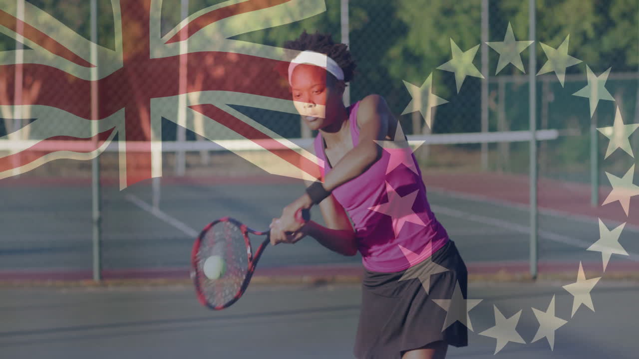 female tennis player swinging racket on court, showing sports marketing UK flag EU stars overlay