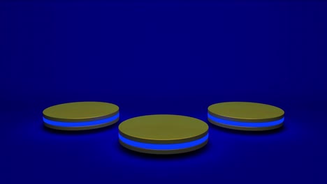 el soporte de producto dorado es un pedestal futurista o de podio en una pantalla vacía que crece con una luz intermitente con telón de fondo azul. renderización 3d. bucle sin costuras.