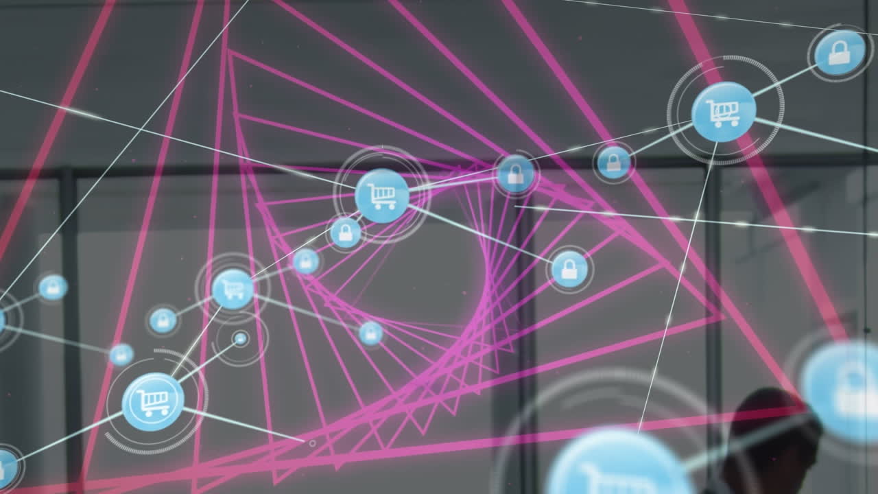 animación digital de una red de iconos digitales contra un túnel brillante de color rosa neón sobre un fondo negro