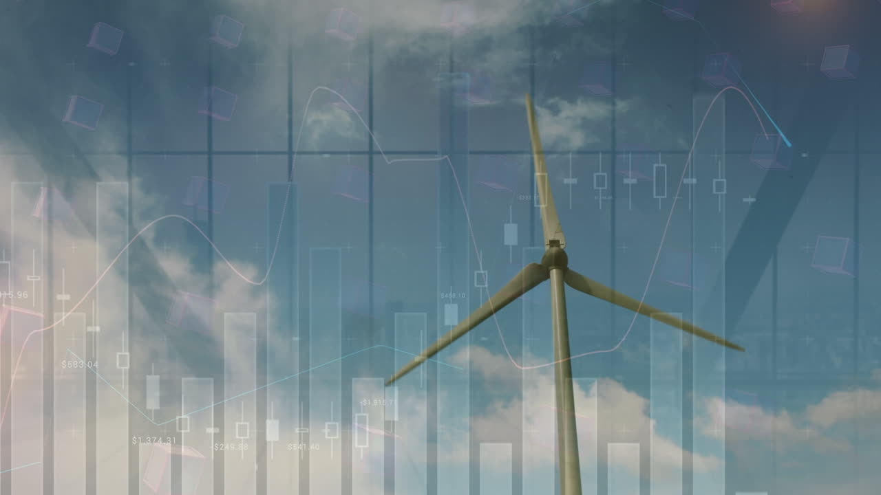 Animation of data and graphs over wind turbine moving over sky with clouds