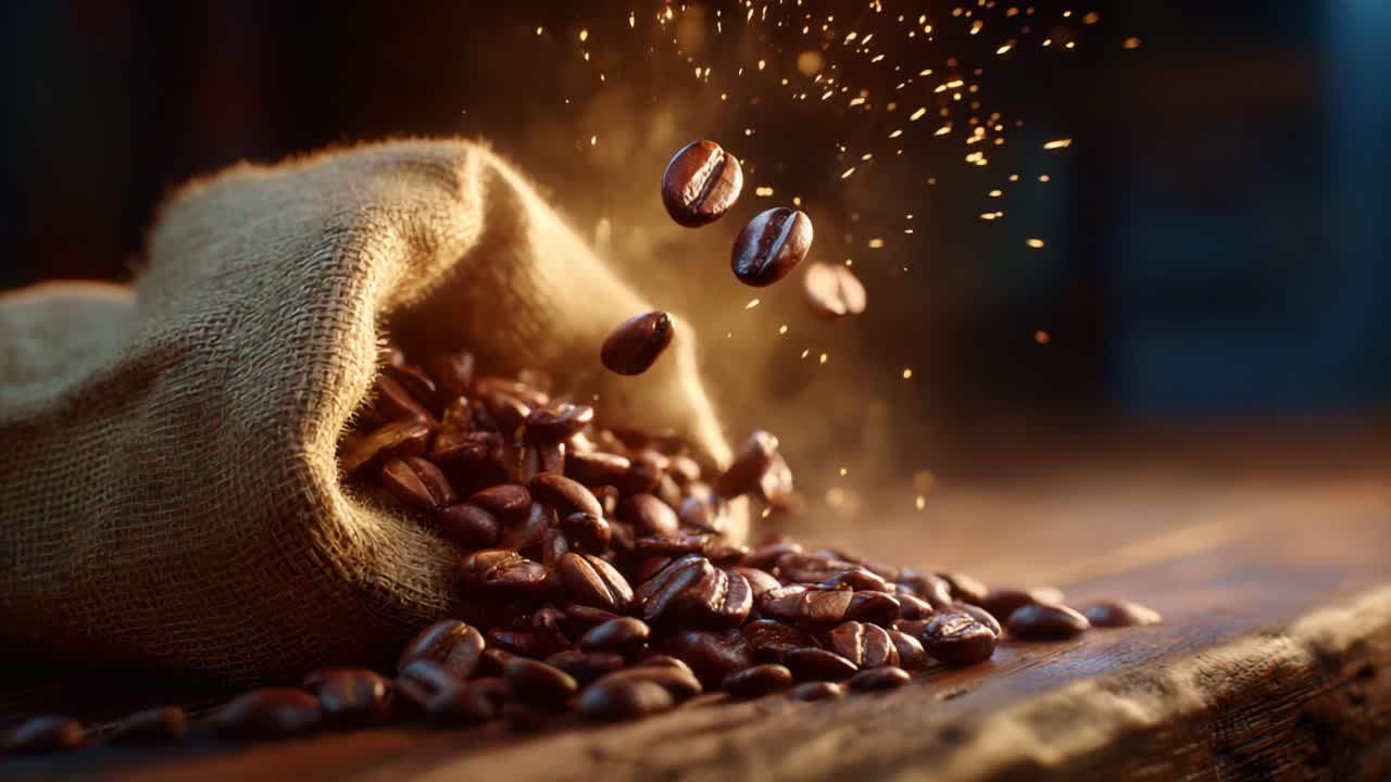 Nærbillede af friskristede kaffebønner, der spildes ud af en jute-sæk, hvilket fremviser rige teksturer og en aromatisk atmosfære, perfekt til kaffeentusiaster og feinschmeckere