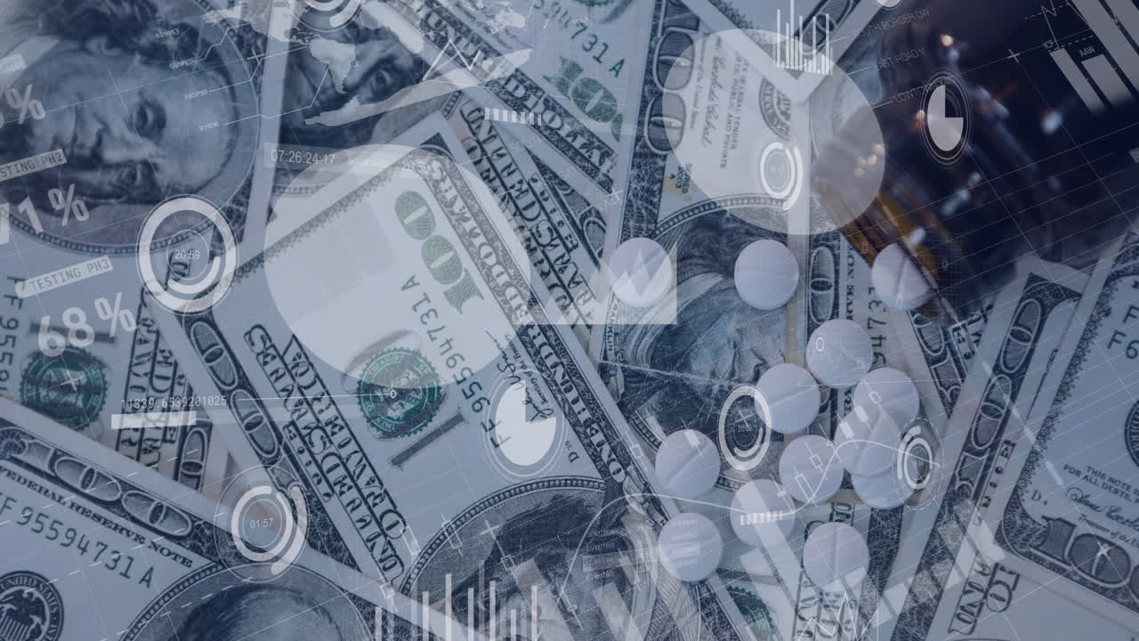 미국 달러 지폐에 대한 금융 데이터 처리 애니메이션