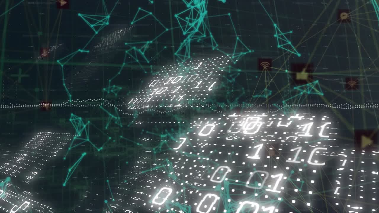Animation of data processing over network of connections on purple background