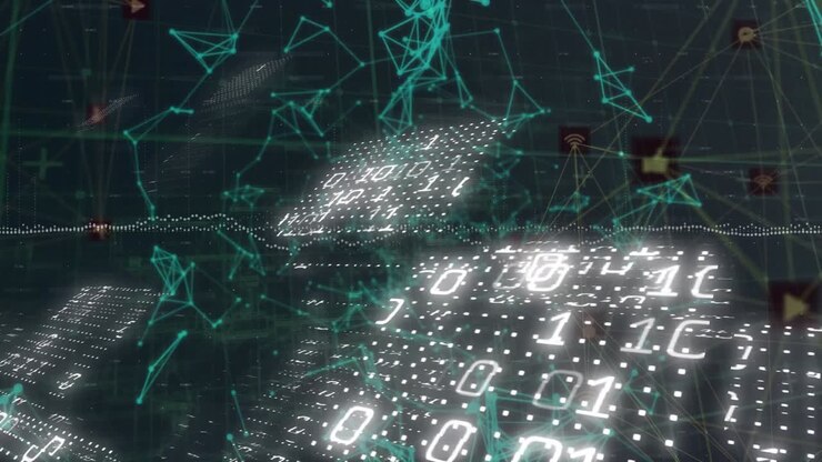 Animation of data processing over network of connections on purple background