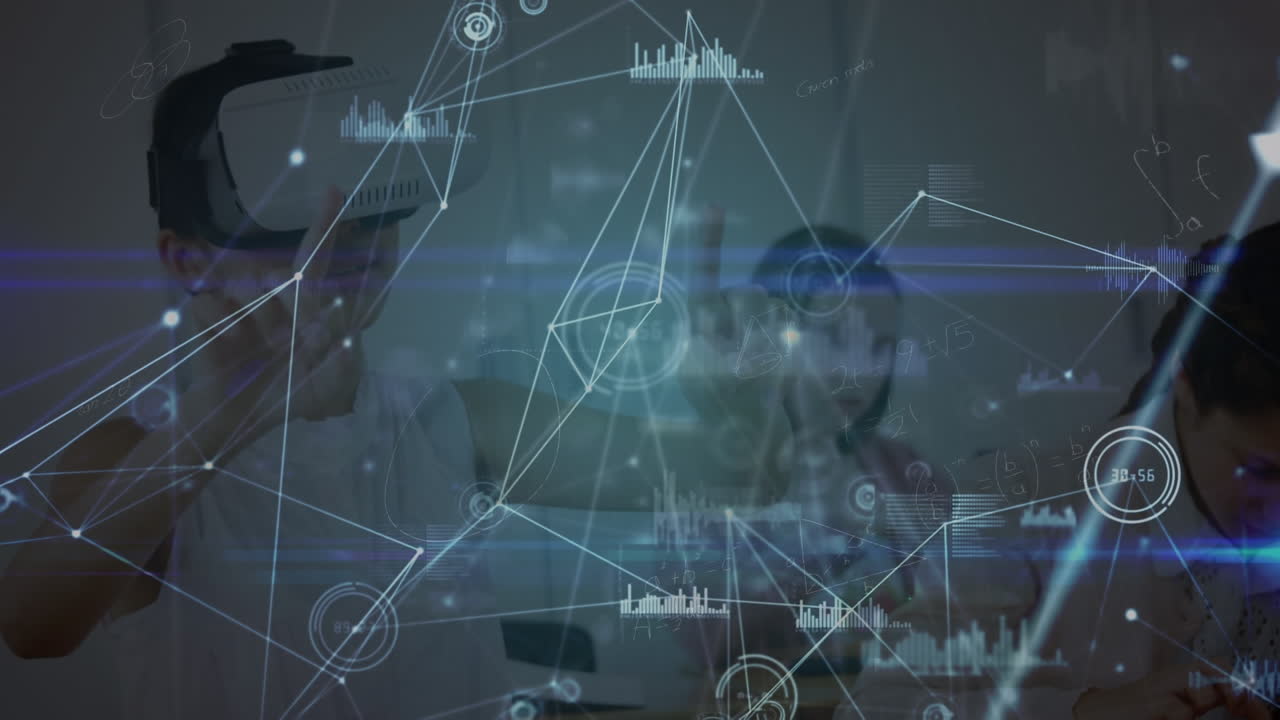 학교에서 vr 헤드 ⁇ 을 착용하는 백인 소년에 대한 연결 네트워크의 애니메이션