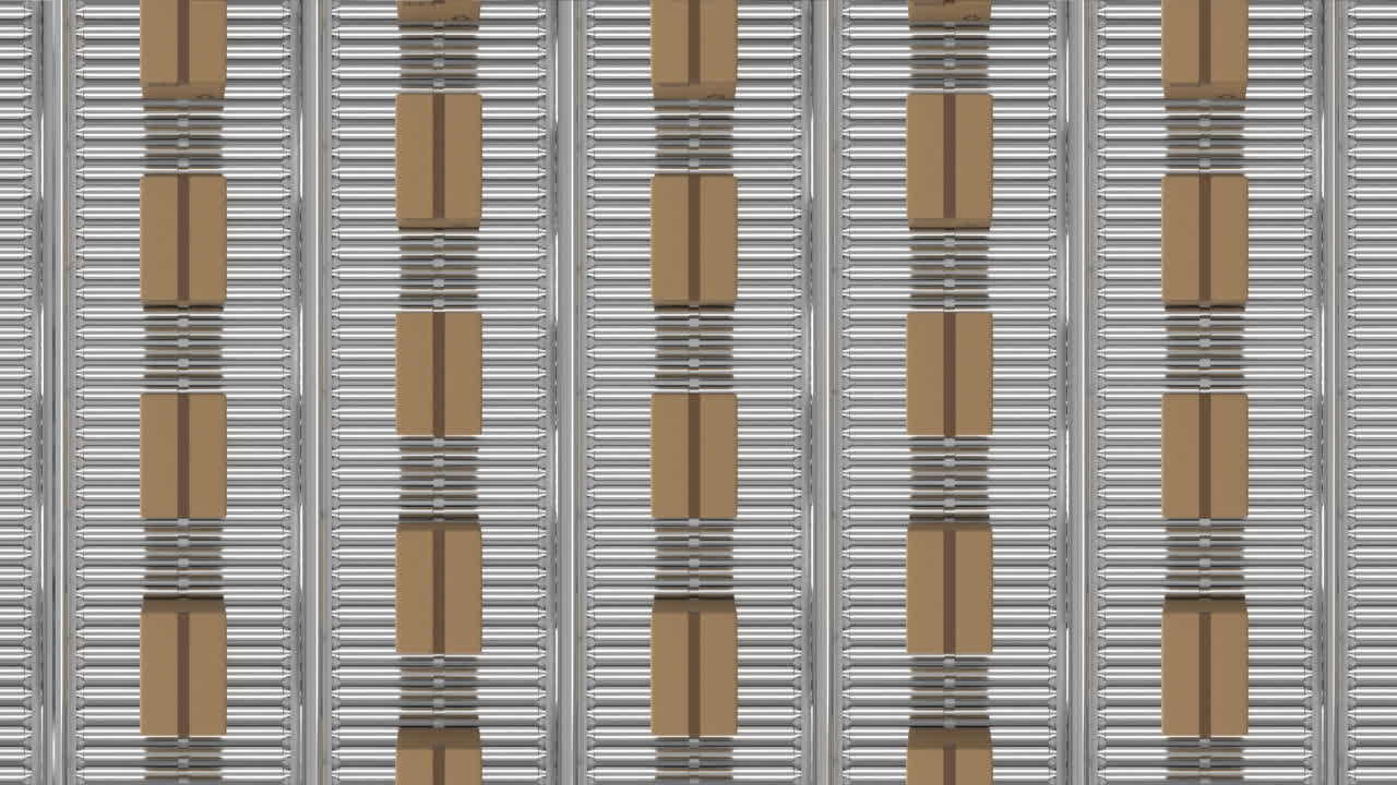 컨베이어 벨트 위에서 움직이는 카드보드 상자의 애니메이션