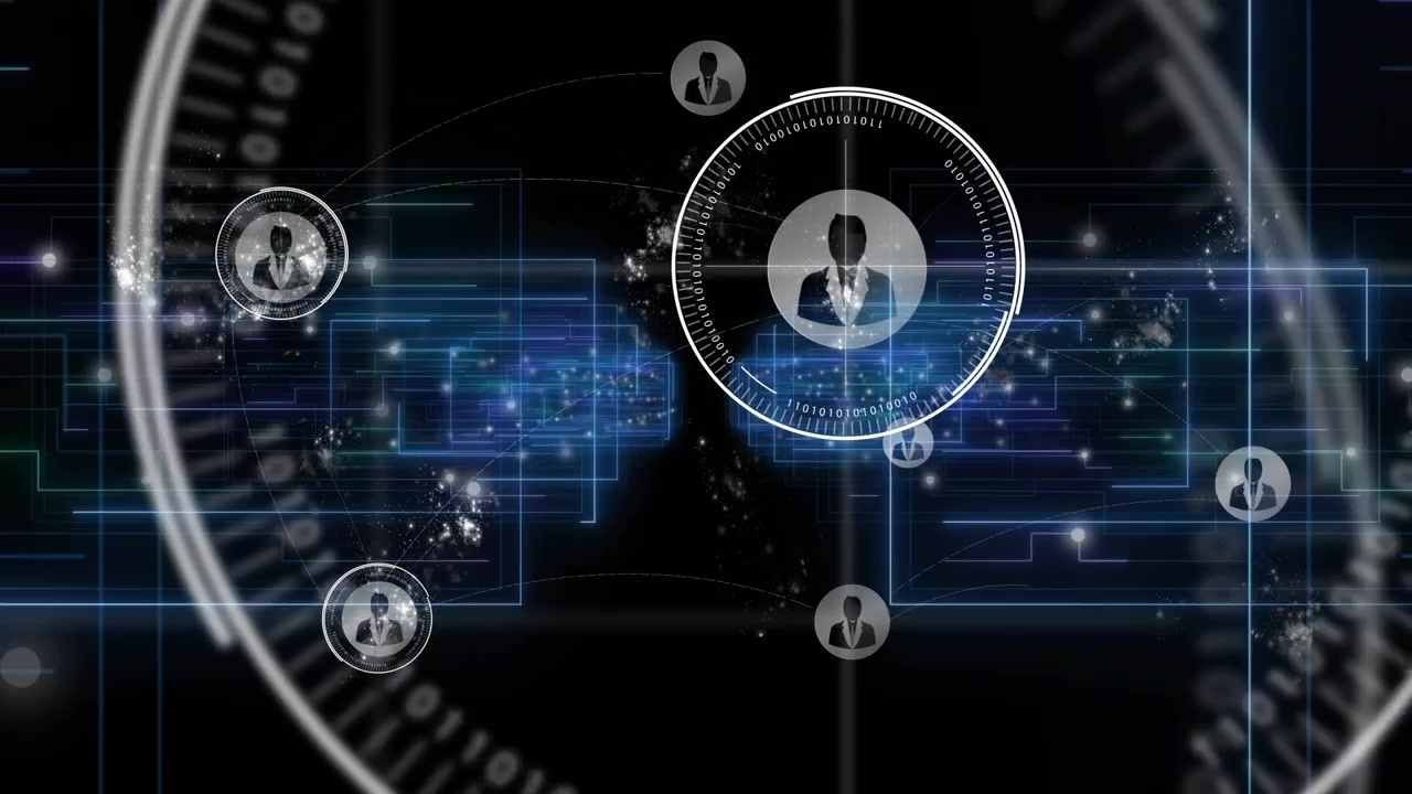 Parallel blue data lines pulsing inward fading into spinning HUD reticle monitoring user icons