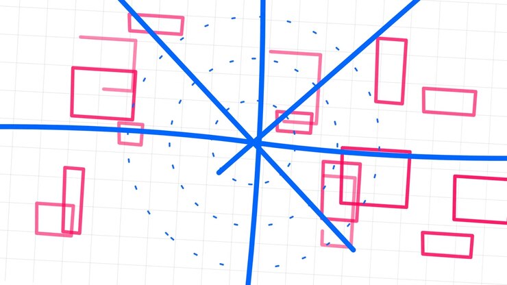 Animazione geometrica astratta con linee blu in espansione e rettangoli rosa
