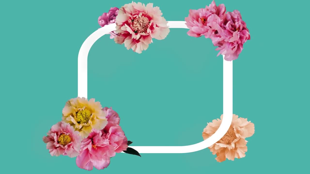 파란색 배경에 파도 패턴 위에  프레임 주위에 다채로운 꽃의 애니메이션