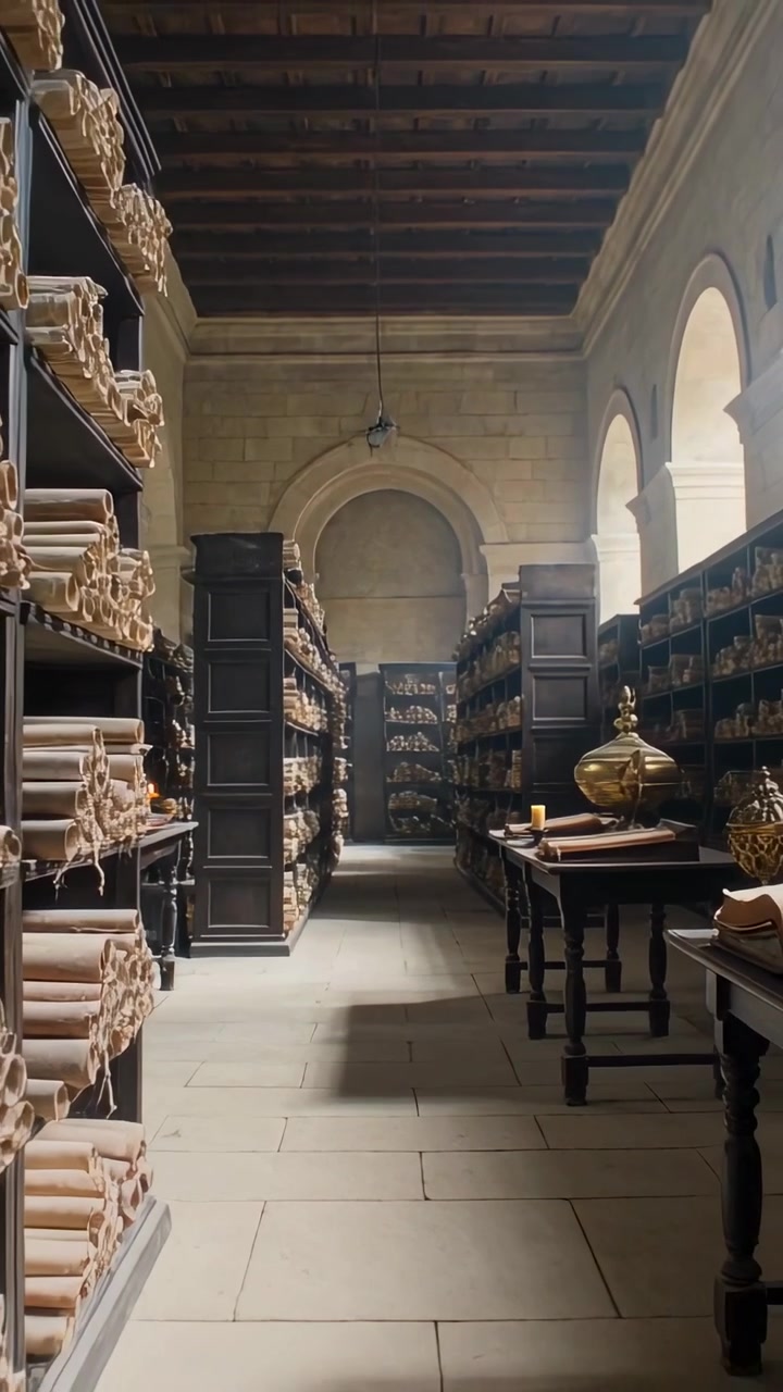 Vertical video: Moving dolly forward, revealing archive aisle with brass globe, leading to archway
