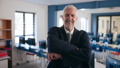 portrait of a smiling professor in a classroom