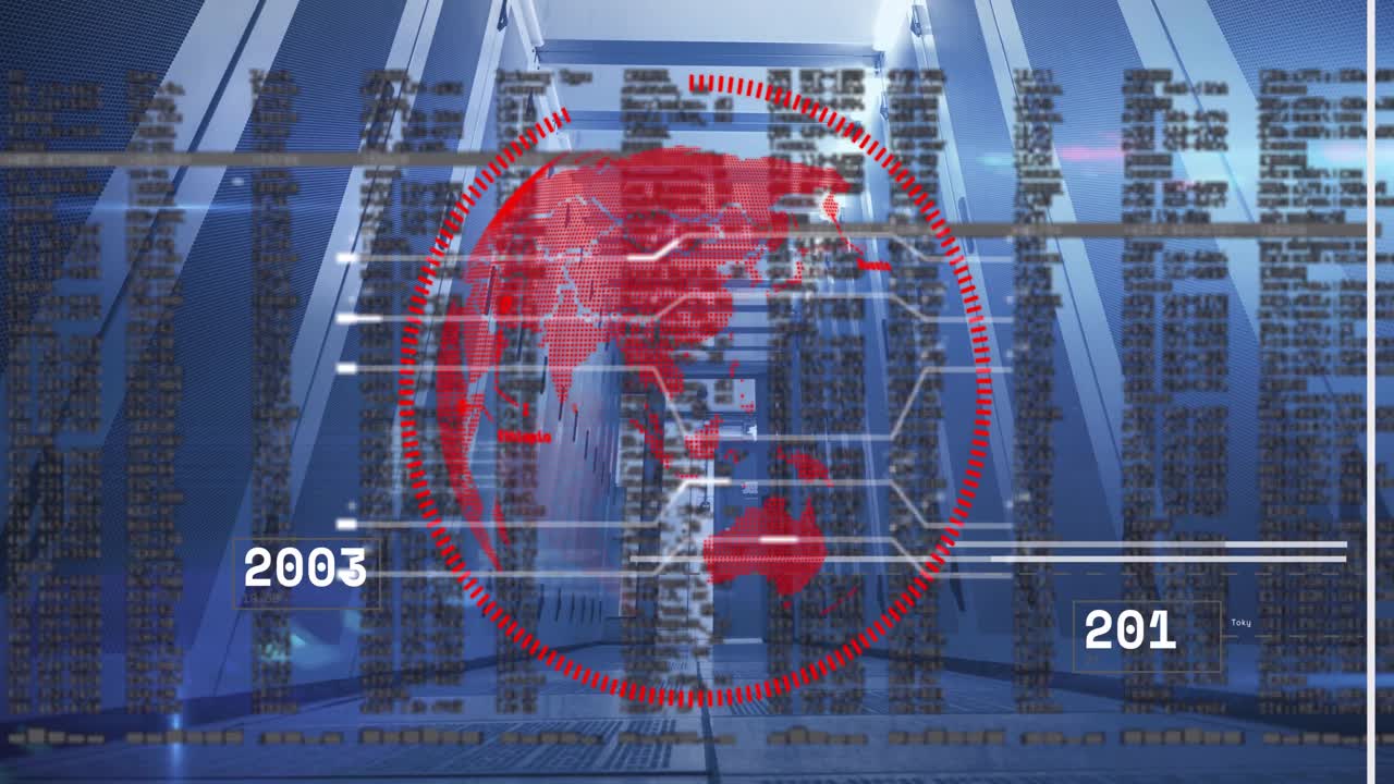 Rød digital globus toner ind ved 2008-markør, roterer mod øst, igangsætter tidslinjeskift og dataflow