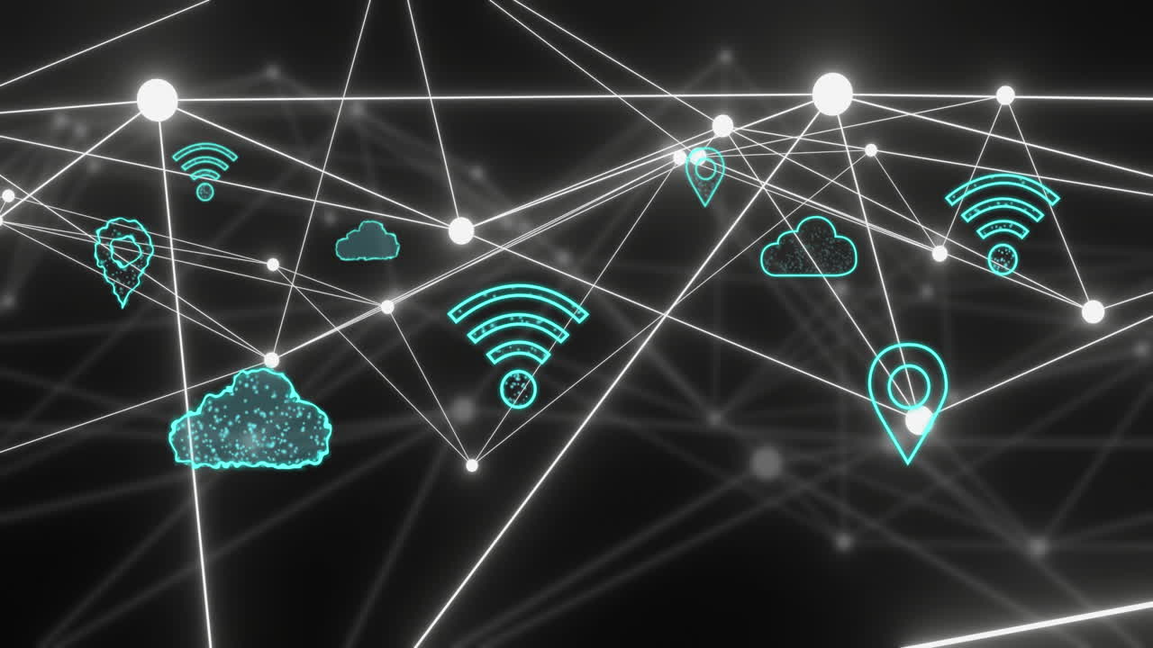 Animation of network of connections and digital icons over black background