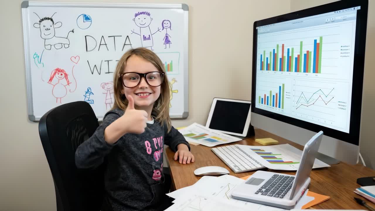 Young Girl Analyzing Data and Charts on Computer Screens