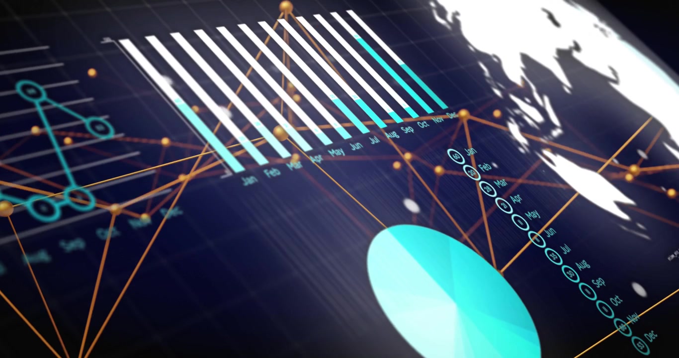 Camera panning right, node network shifting and forming meshes, visualizing monthly data and globe