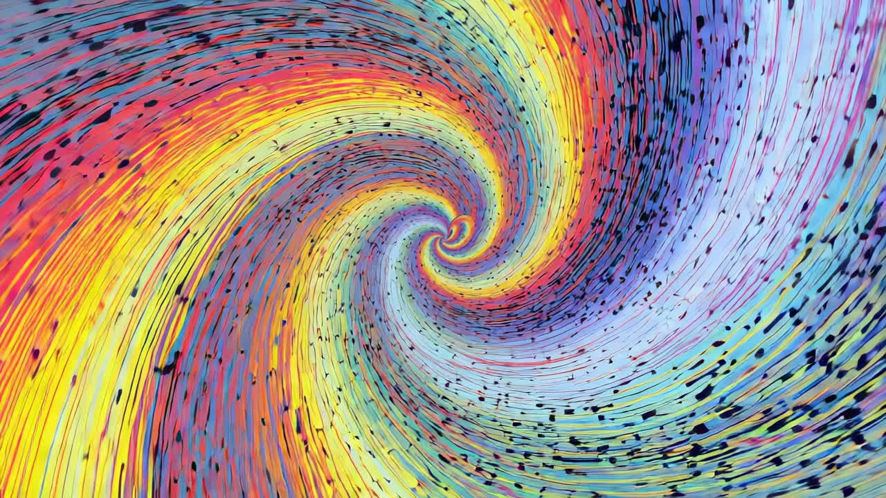 Starting spiral vortex rotating clockwise within frame with colorful streaks and dark specks