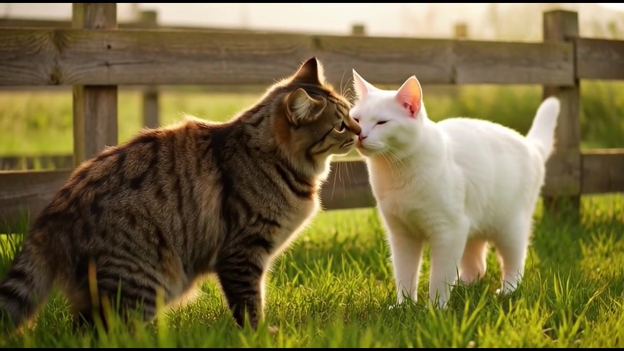 Gatti tigrati e bianchi che si toccano il naso in un campo erboso
