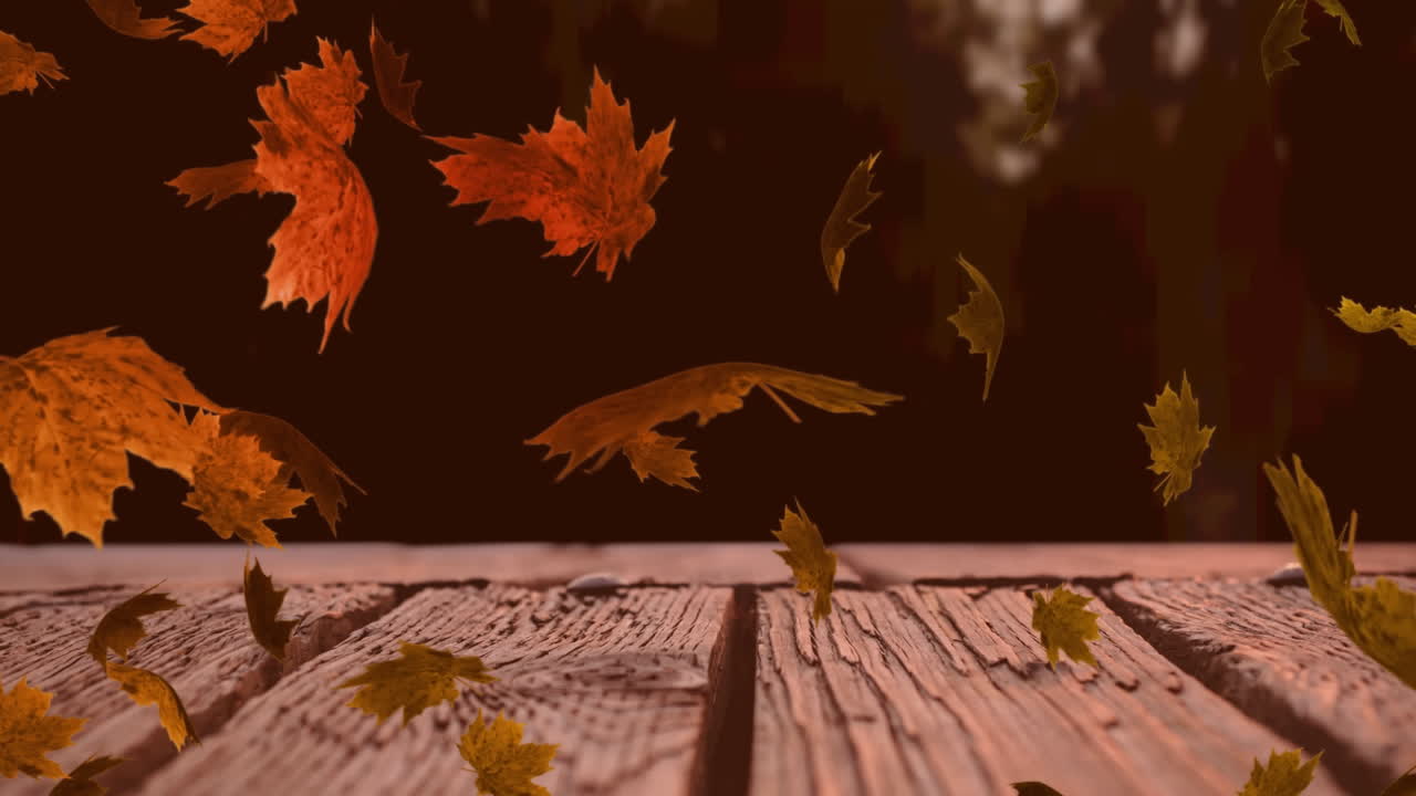 Animazione digitale di molte foglie autunnali che fluttuano su una superficie di legno sullo sfondo di una foresta