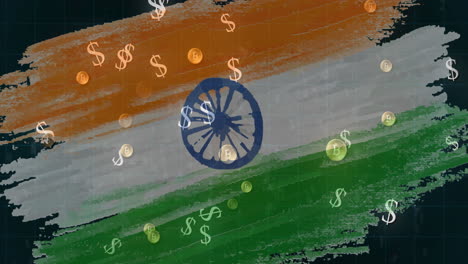 animación de símbolos de bitcoin y dólar estadounidense que fluyen sobre la bandera de la india en el fondo